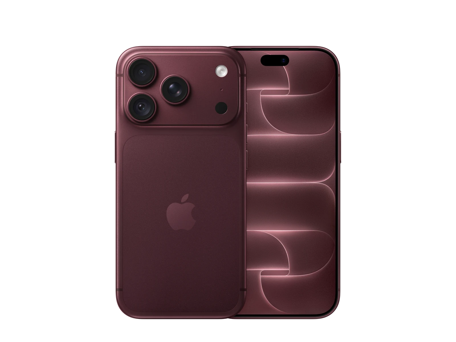 iPhone 18 Pro v barvě Burgundy, celý telefon zepředu a zezadu