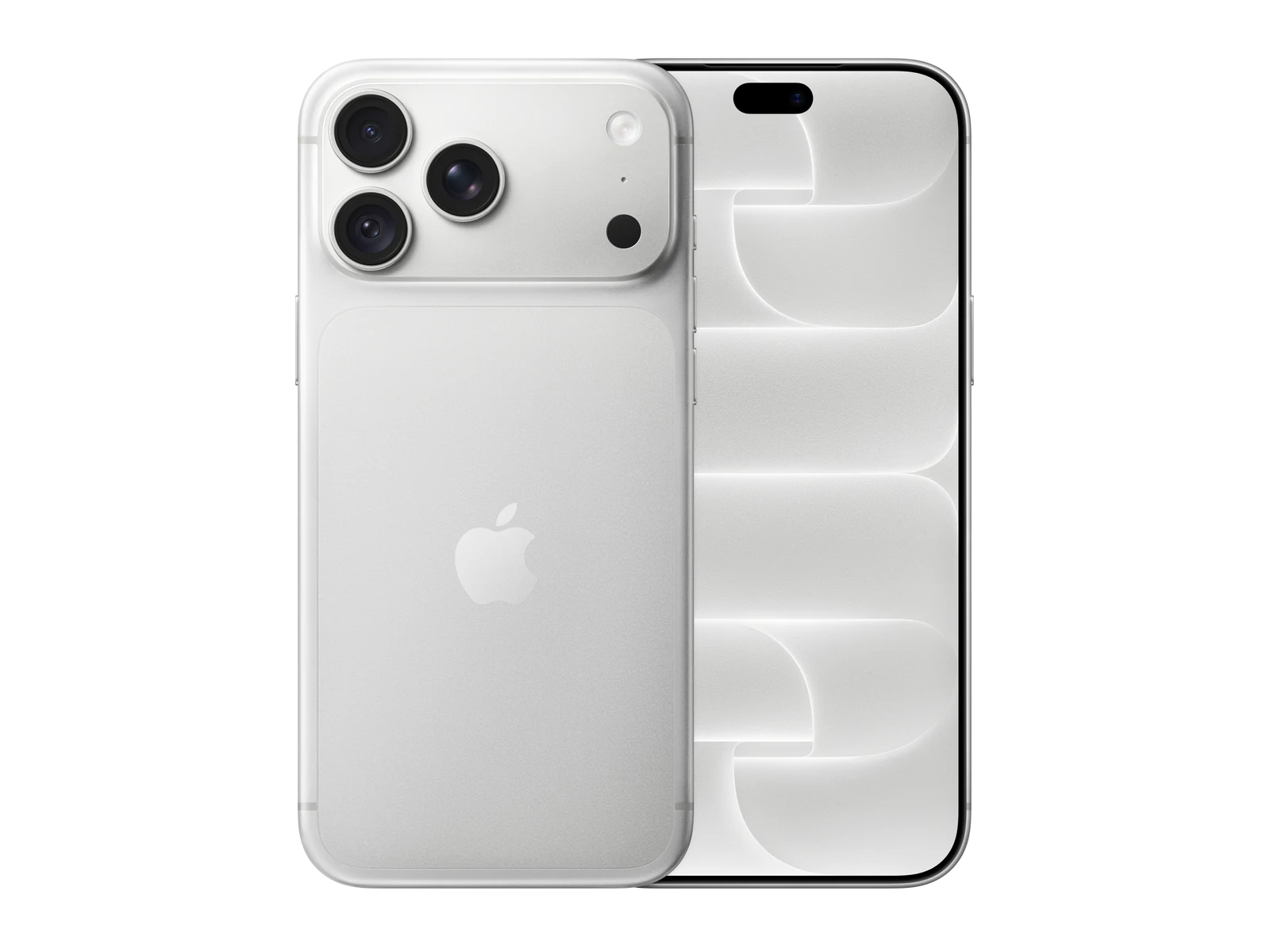 iPhone 18 Pro Max v barvě Silver, celý telefon zepředu a zezadu